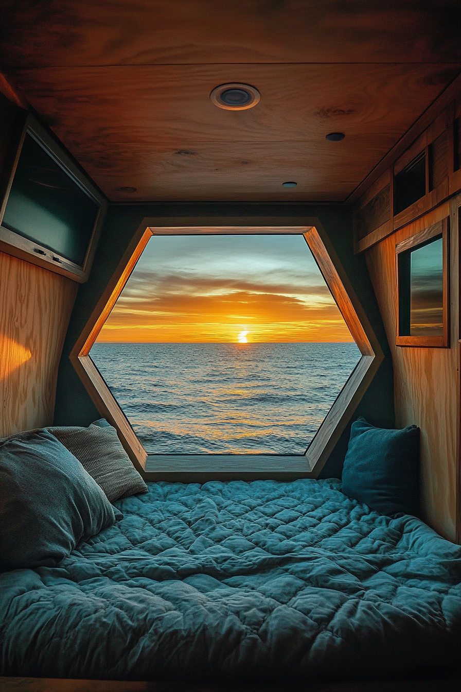 Oceanview van setup. Octagonal window with views, the capacity for preserving tech and sunset screens.