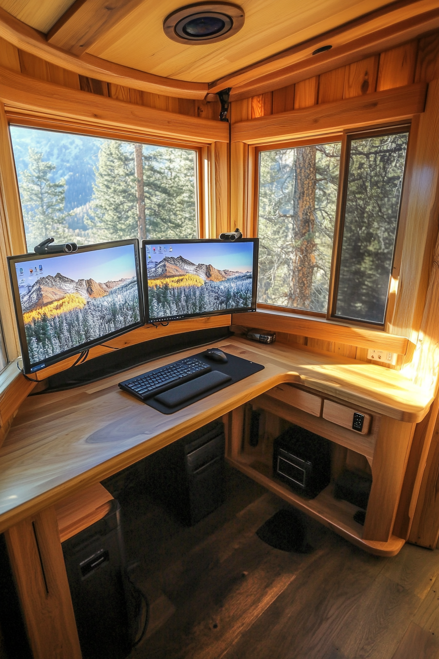 Alpine mobile office. Wooden espresso desk with dual monitors and observatory window.