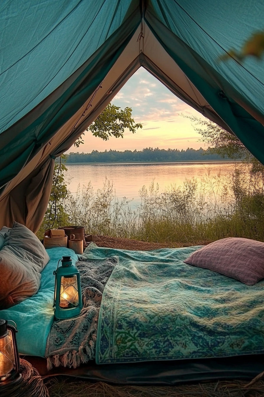 Tent site. Canvas bell tent, turquoise cozy bedding, rustic lantern, overlooking sunset lake.