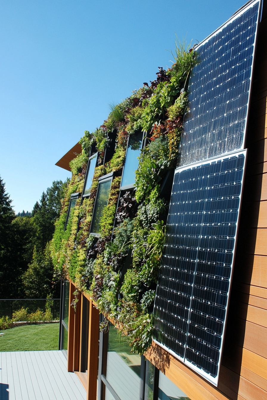 Sustainable living space. Solar panels on a green roof with hanging plant wall.