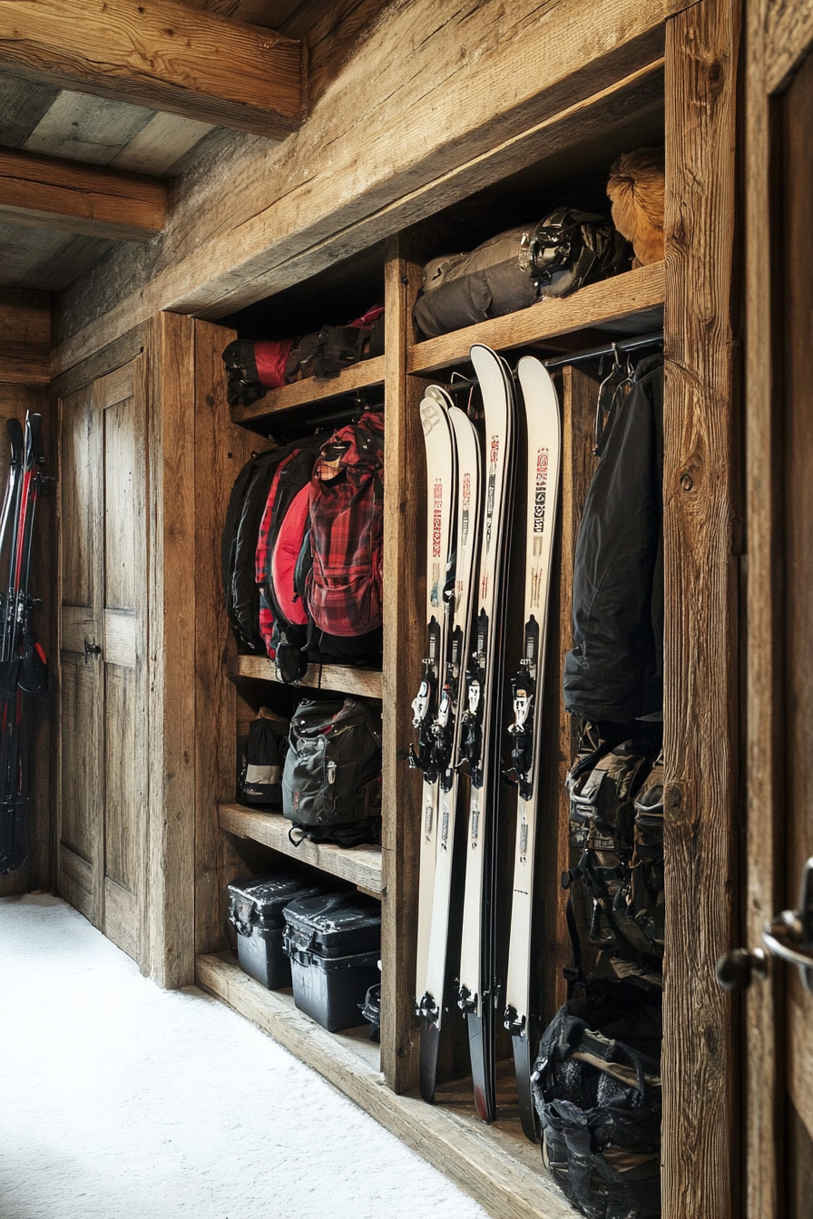Alpine Lodge Space. Rustic wooden gear storage with white snow skis.