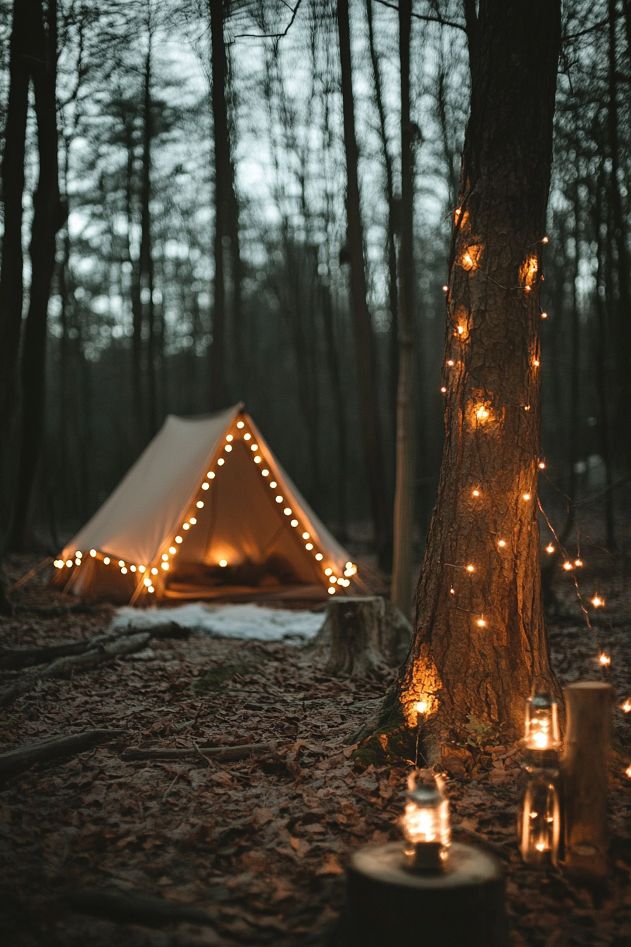 Woodland camping space. String fairy lights diffusing warm glow over tinder-dry fallen bonds.