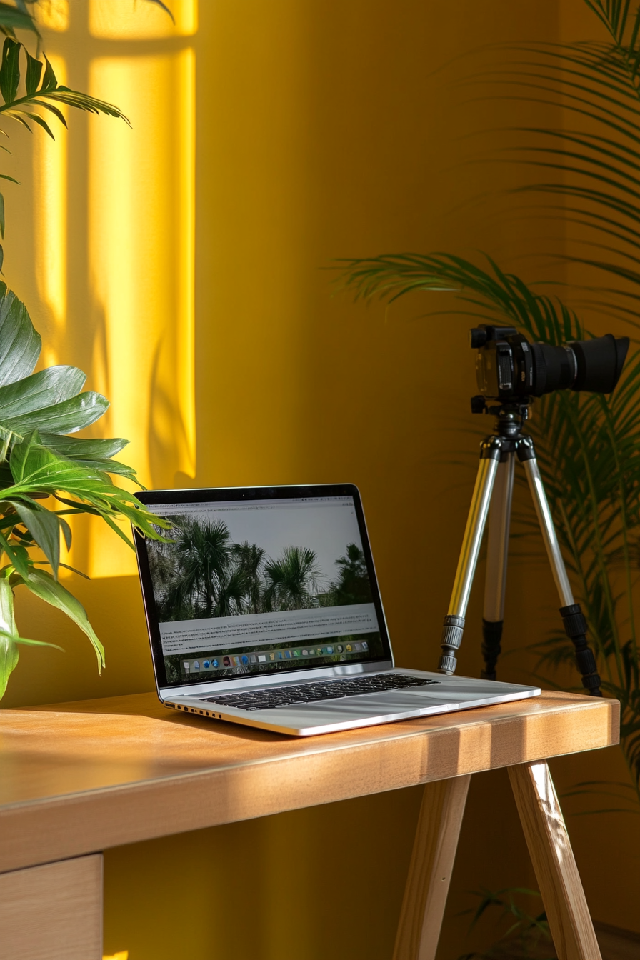 Creative mobile space. Macbook pro on a desk with lightweight tripods in corner storage.