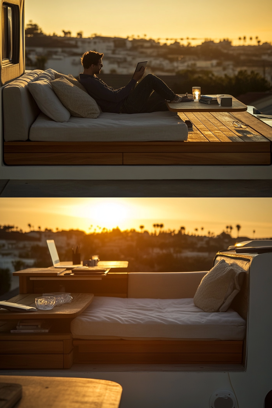 Mobile living space. Modular sofa set, sunset viewing deck, hidden workstation.