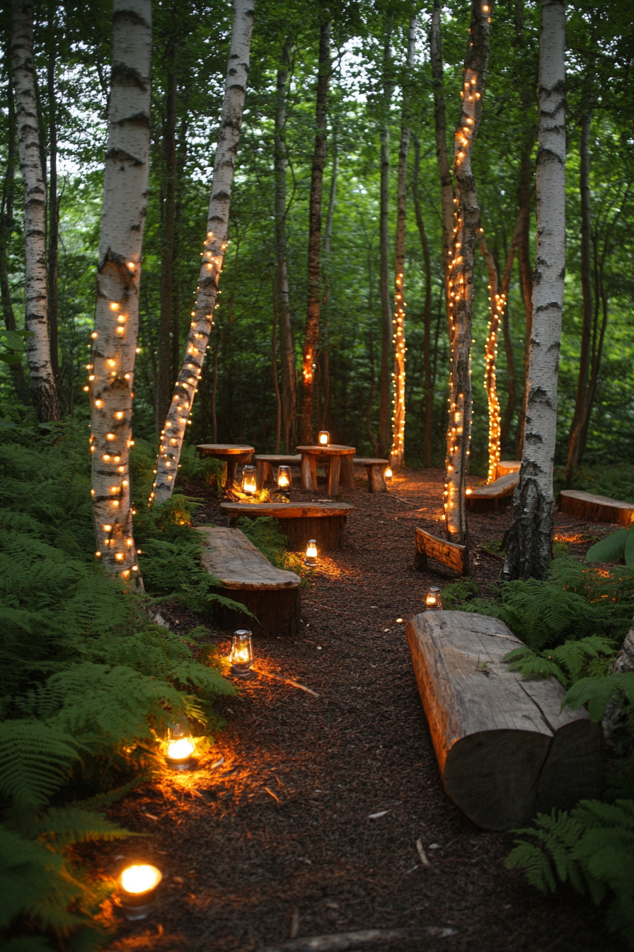 Woodland camping space. Fairy-lit birch tree canopy, hollow log seating surrounded by fern gardens.