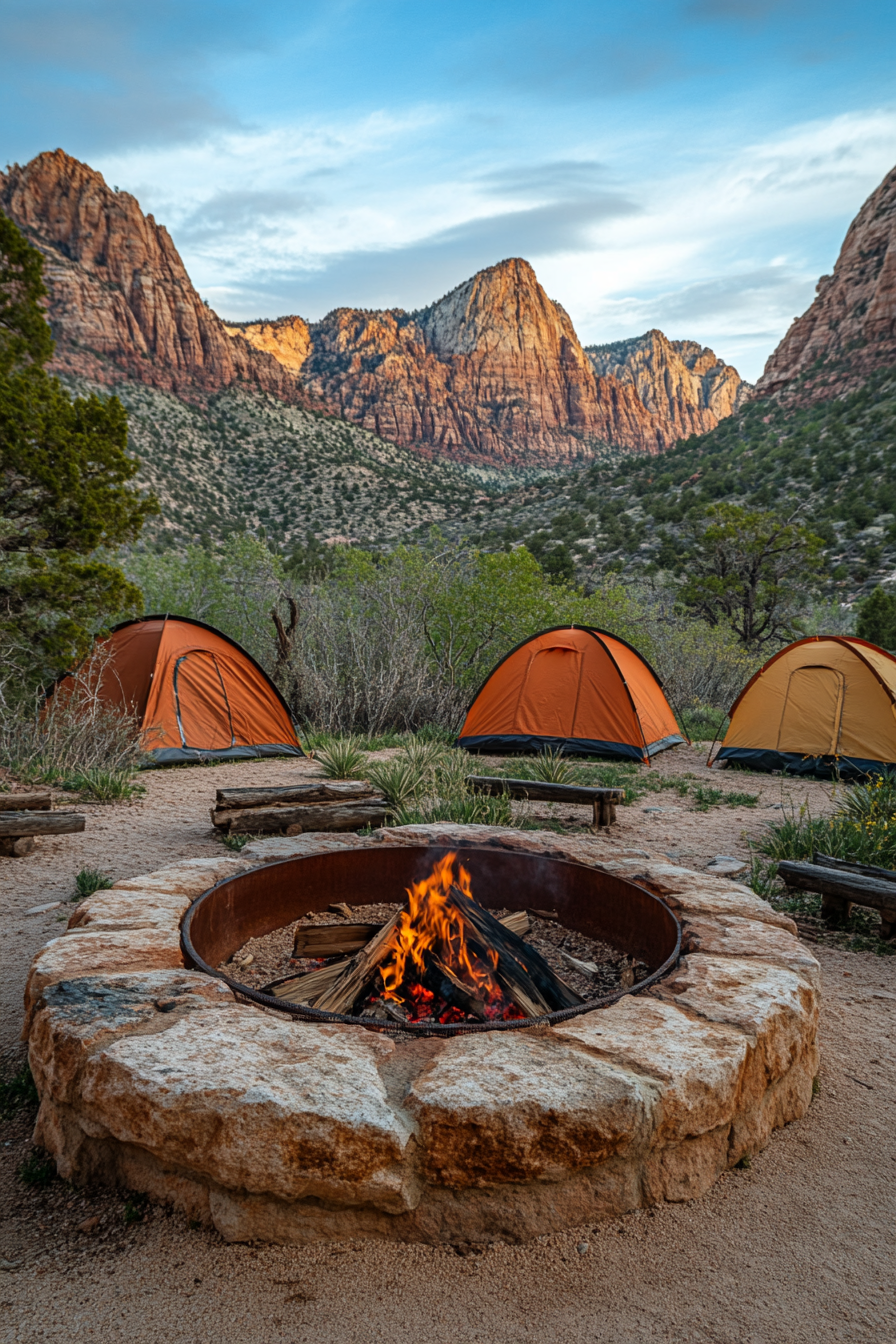Red Rock Campsite. Elevated fire zone with a granite surround near rusty iron-colored tents.