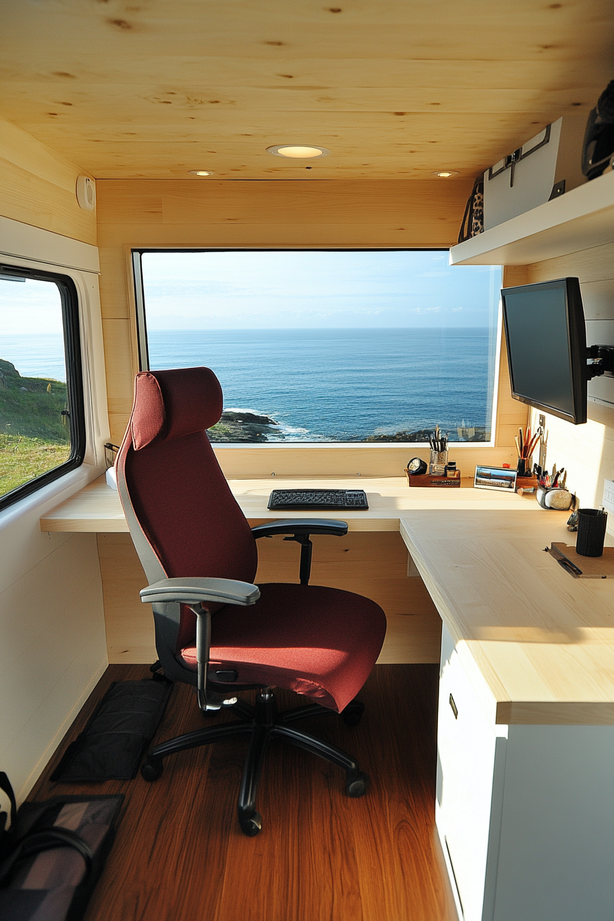 Oceanview van setup. Exquisite white maple panoramic desk matched with maroon ergonomic chair.