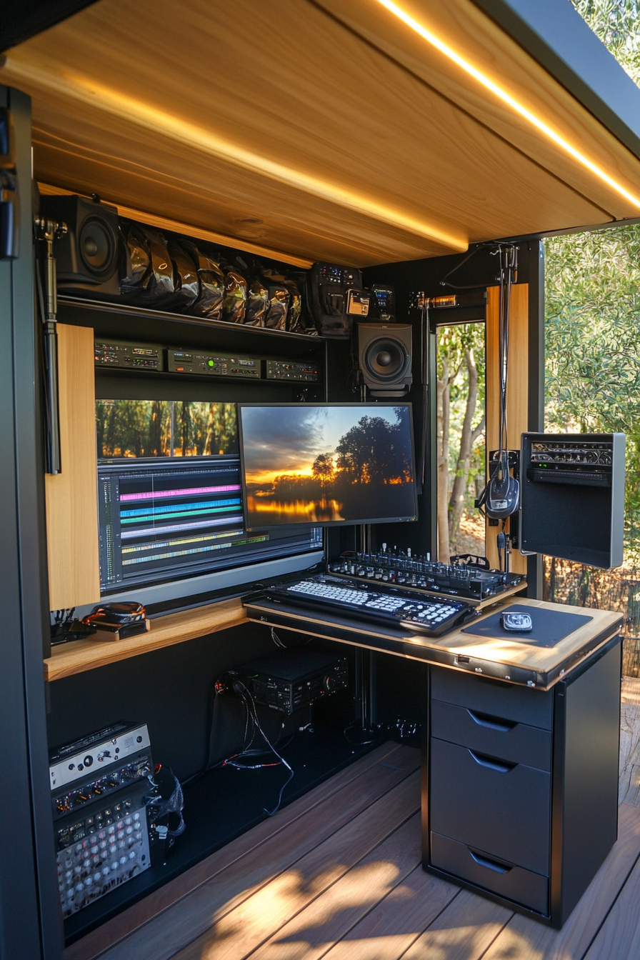 Mobile space creative studio. Compact editing console with overhead gear storage and retractable awning.