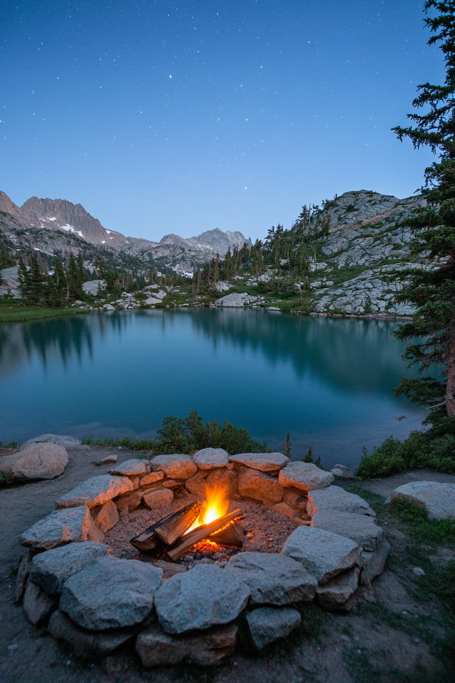 Alpine Lake Campsite. Stone fire pit adjacent to teal lake under starry night sky.