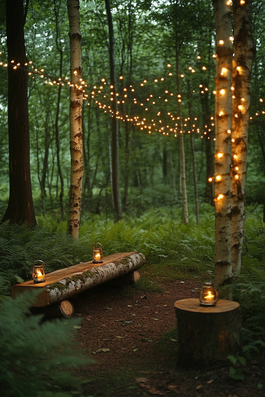 Woodland camping space. Fairylight canopy over birchwood logs as bench amidst fern clusters.