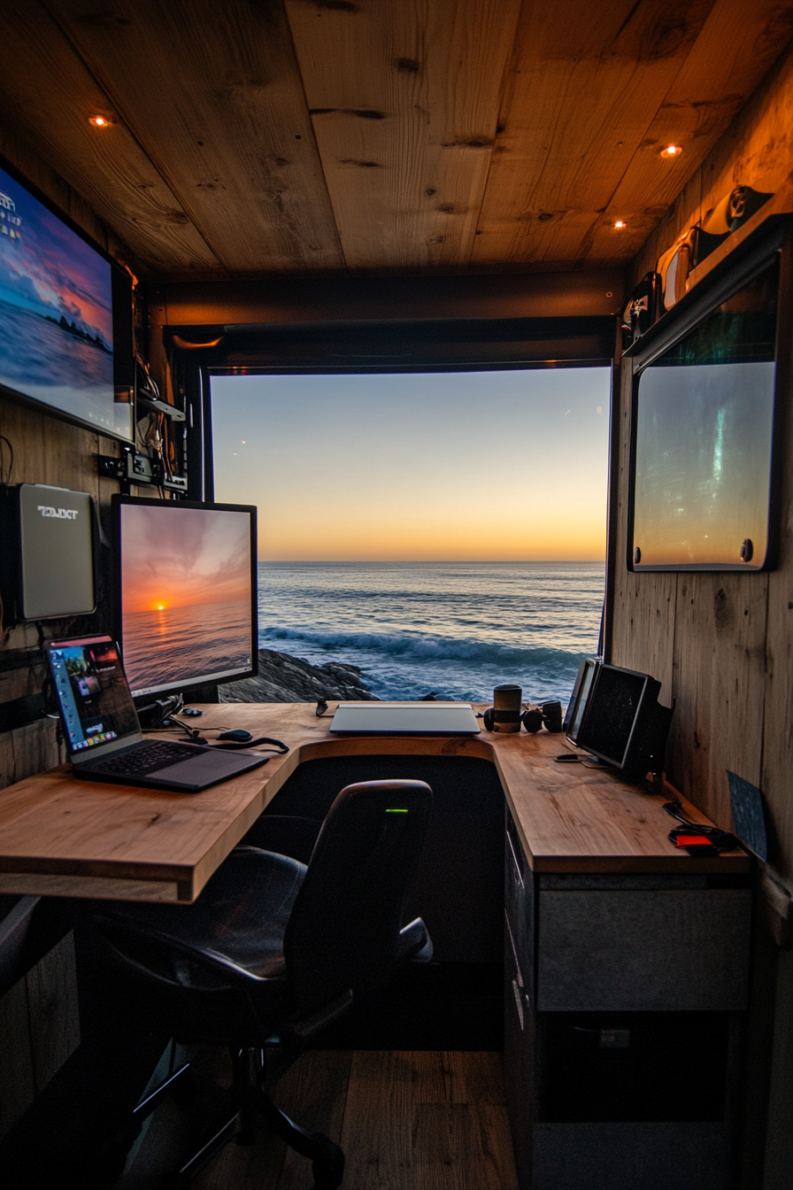 Oceanview van setup. Rising desk by panoramic window,  sunset display, rust-resistant electronic holder.