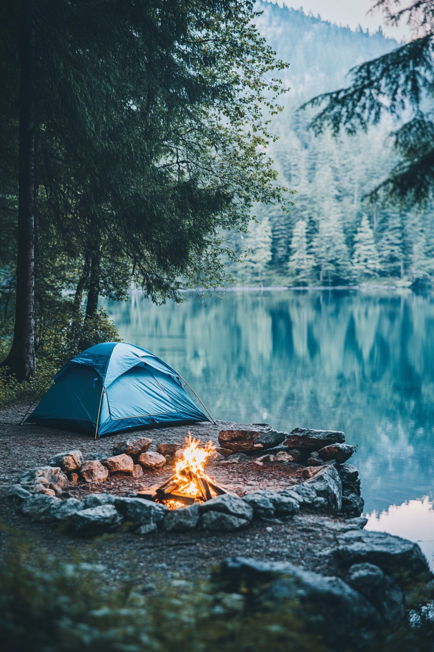 Alpine lake campsite. Blue tent beside stone-ringed fire pit overlooking azure water reflection.
