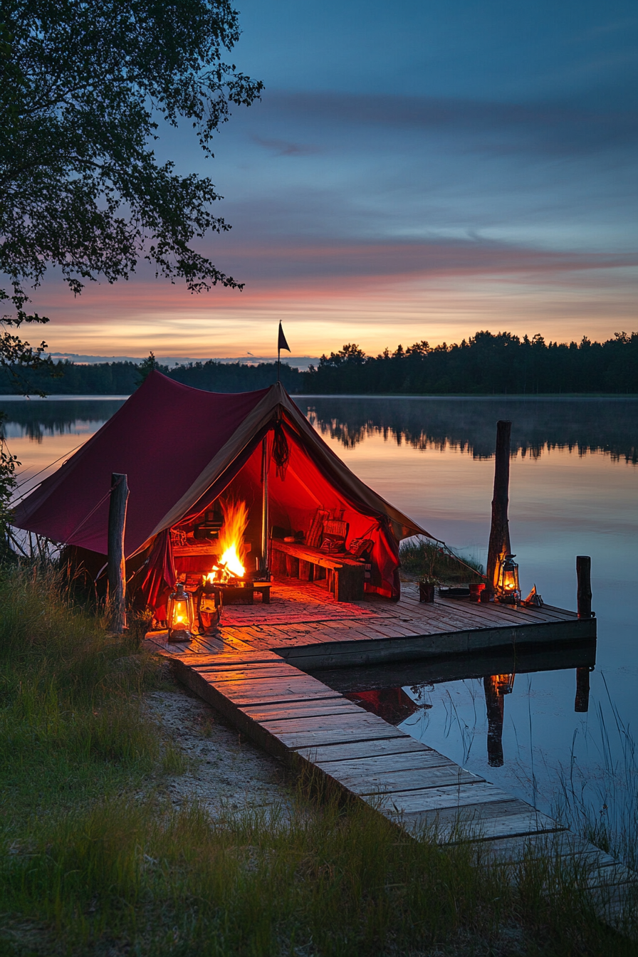 Tent site. Cherry red tent, private wooden dock, waterside fire pit at sunset.