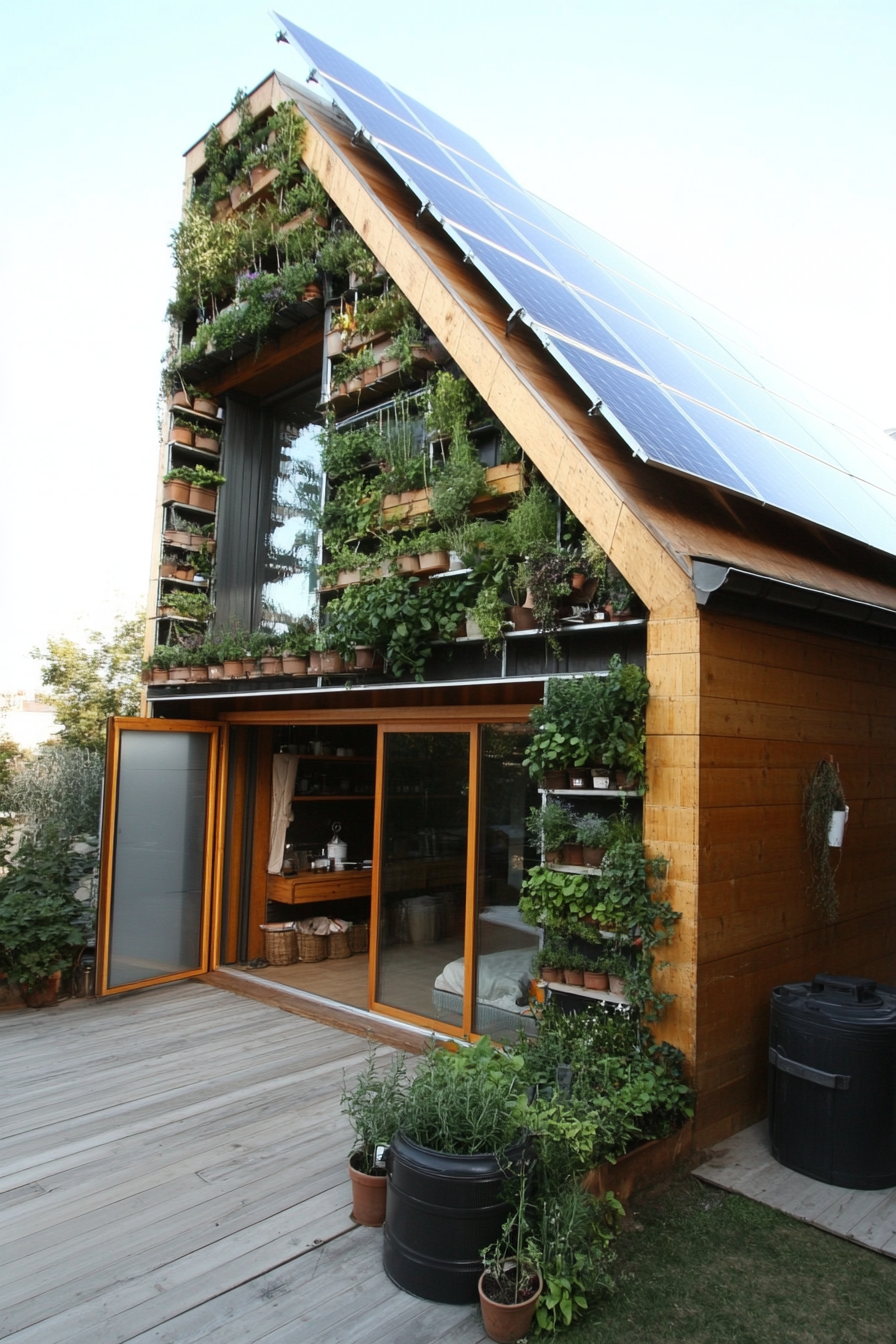 Sustainable living space. Solar-panelled roof, tumbler composter, and vertical herb garden wall.