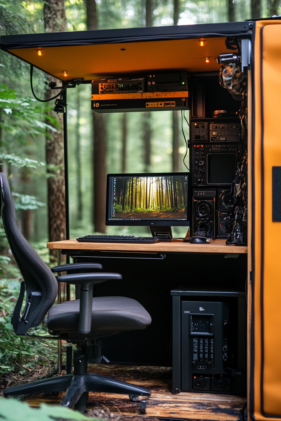 Mobile Space. Compact editing desk with computer adjacent to gear storage, against a nature backdrop.