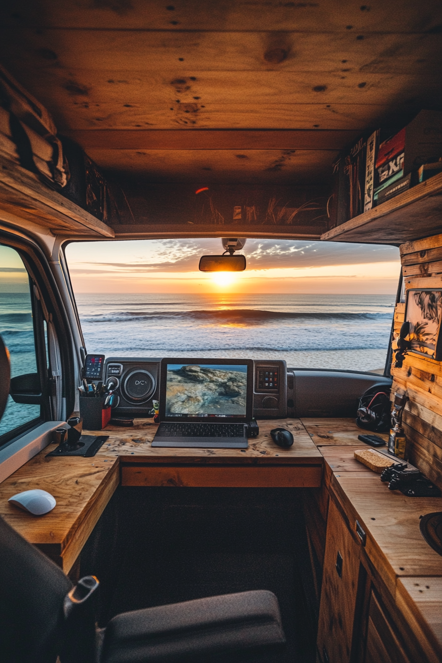 Oceanview van setup. Panoramic desk positioned towards vehicle's rear window, with scenery-tech.
