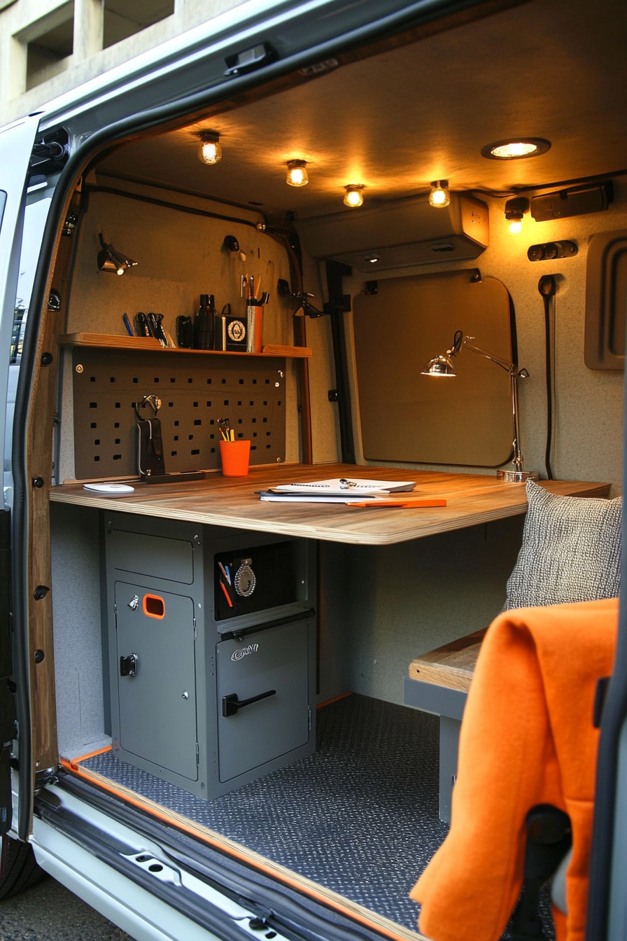 Creative mobile space. Van conversion with a compact desk and locker system.
