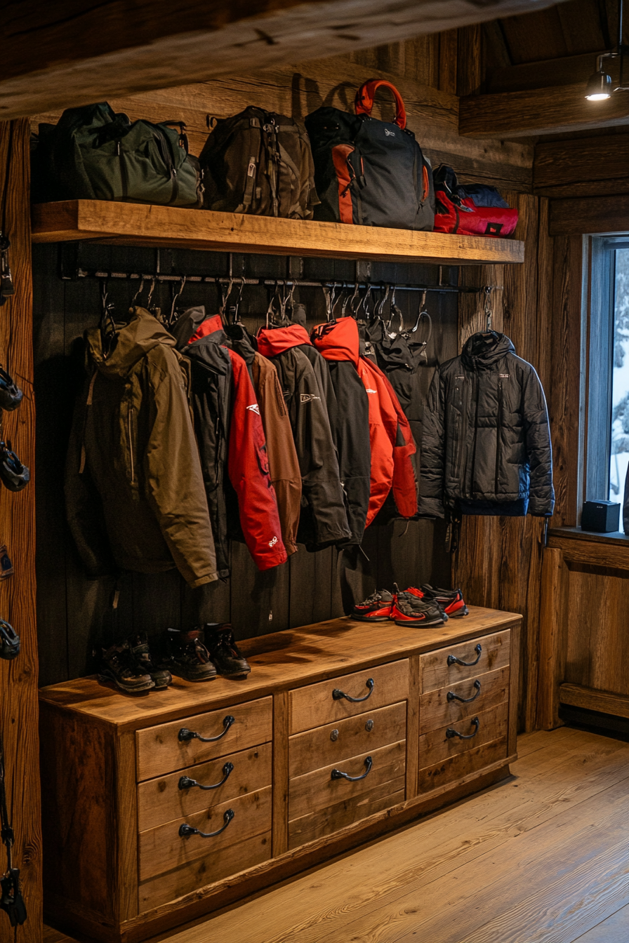 Alpine Lodge Space. Maple wood gear storage with PostgreSQL furnished repair station.