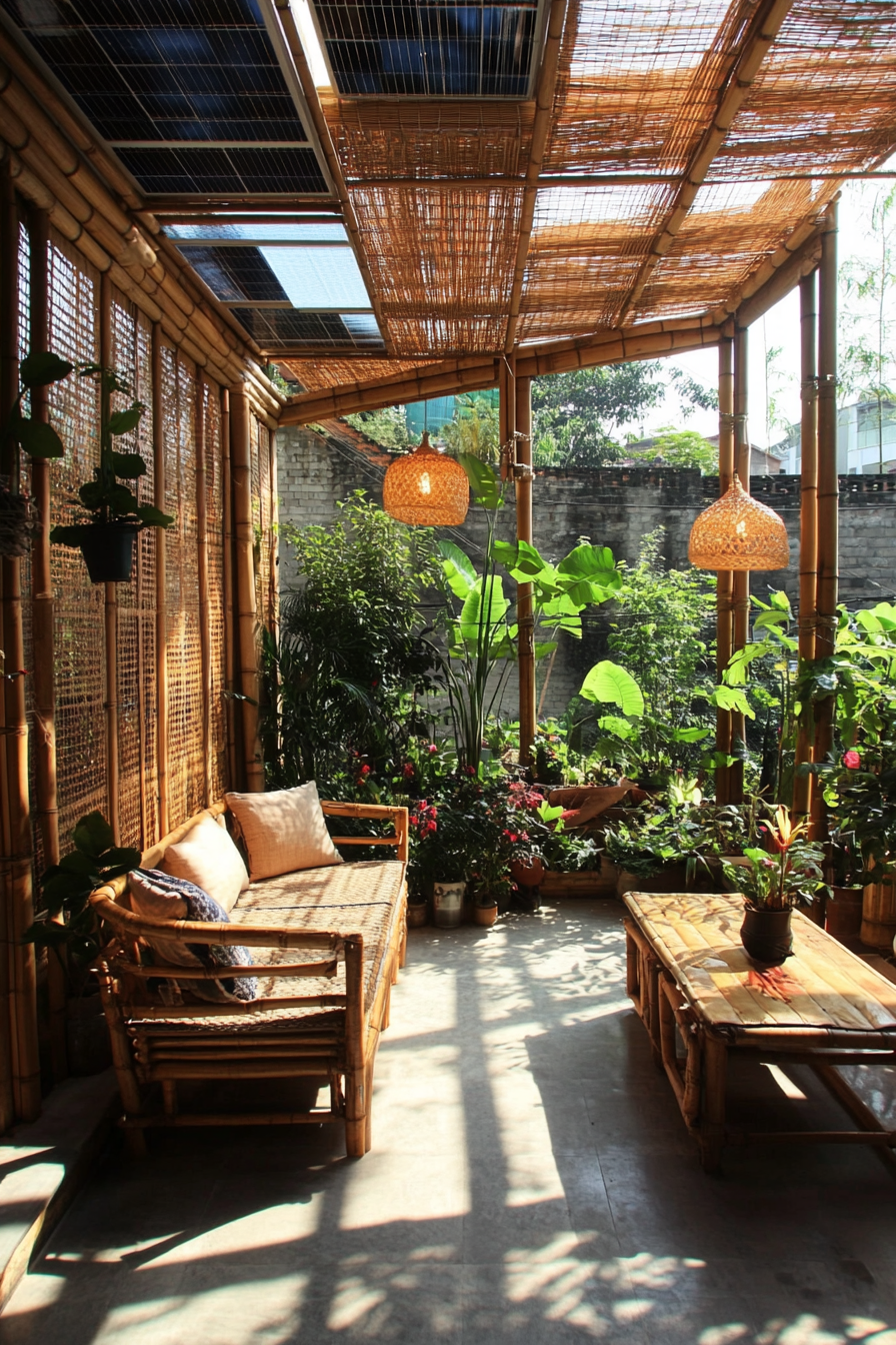 Sustainable Living Space. Bamboo furniture, solar panel setup, rooftop garden.