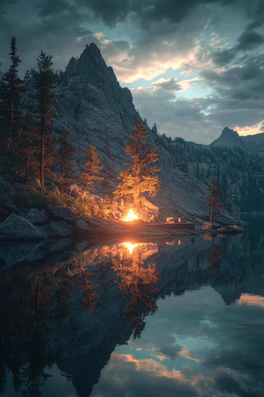 Alpine Lake Campsite. Illuminated fire pit casting golden light on lake's reflected sky.