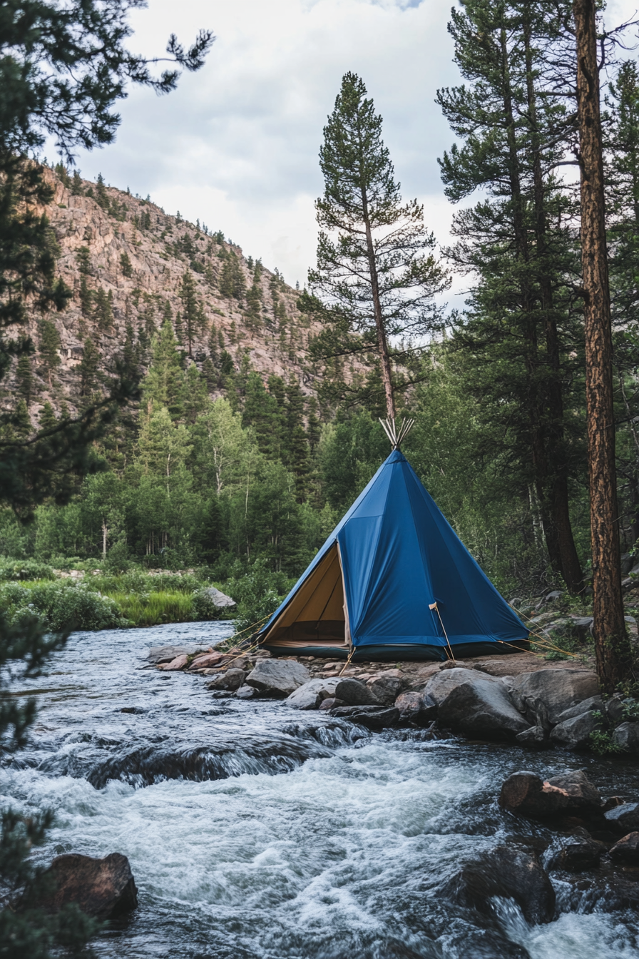 Riverside space. Blue teardrop canvas tent overlooking rushing water.