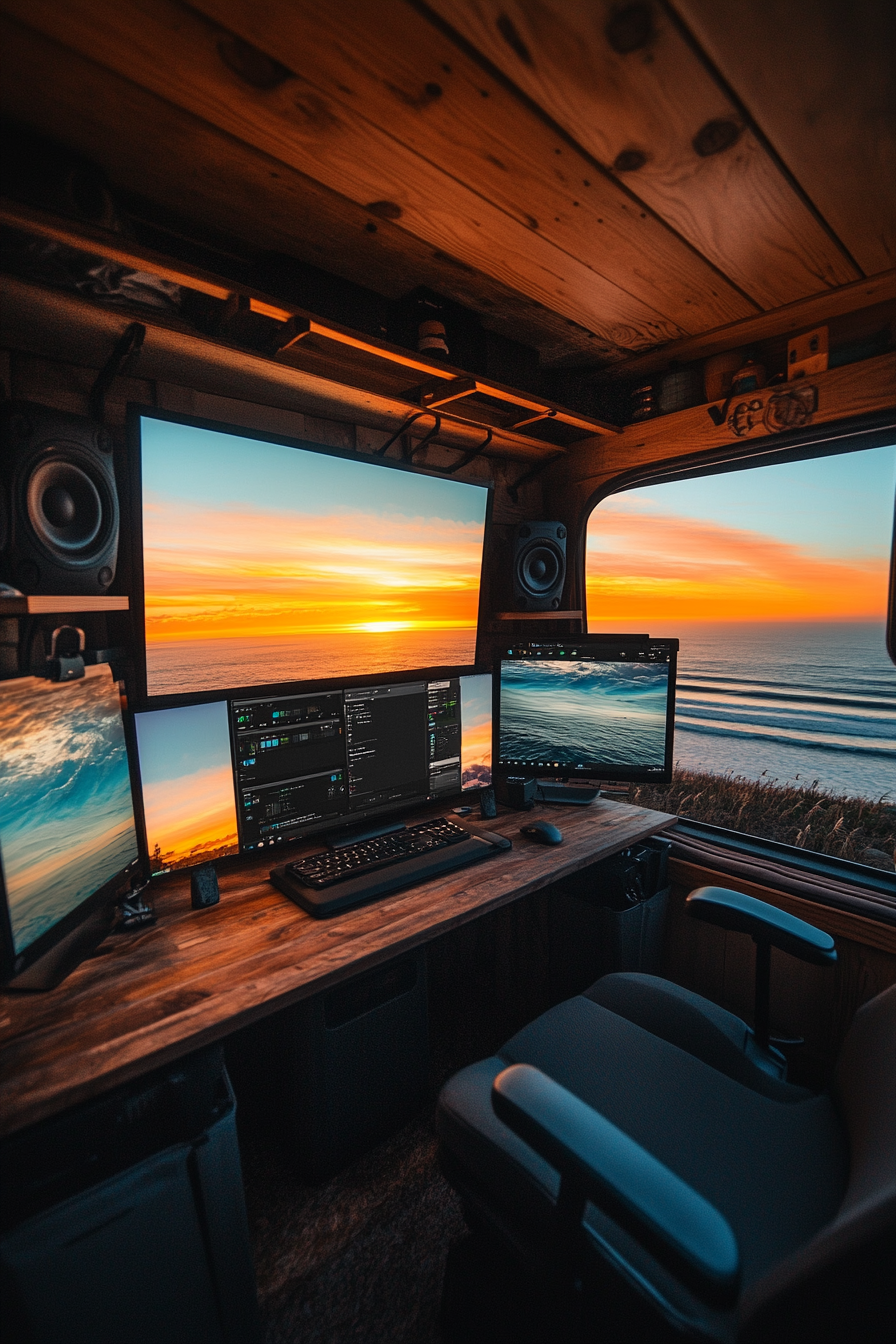 Van setup. Borderless ocean-view desk station with salt-resistant tech compartments and modulated sunset screens.