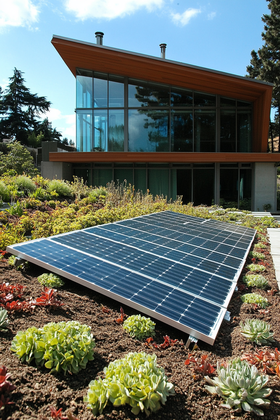 Sustainable Living Space. Terracotta solar panel setup on a green rooftop.