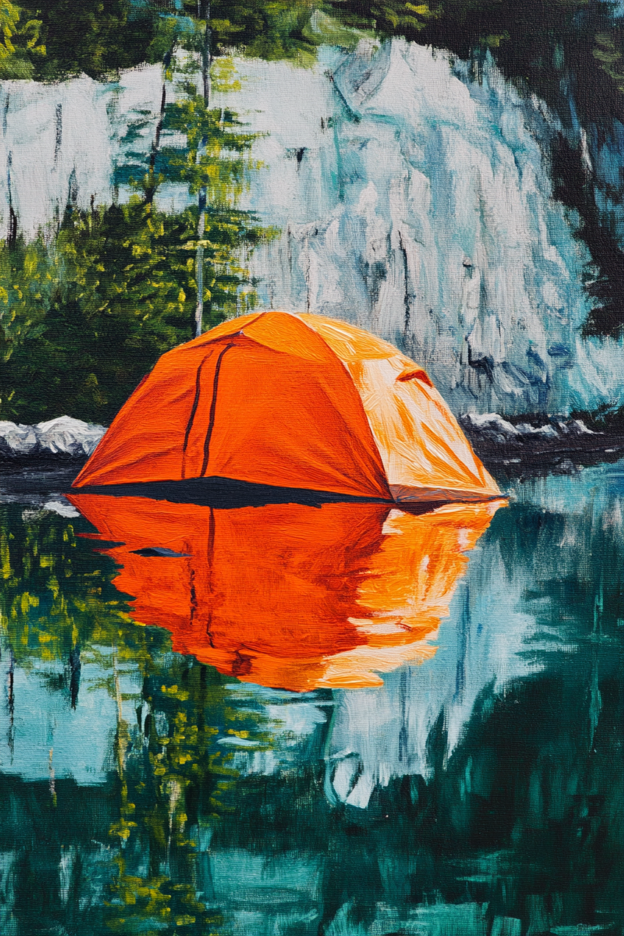 Alpine lake campsite. Shimmering lake reflection on bright orange tent canvas.