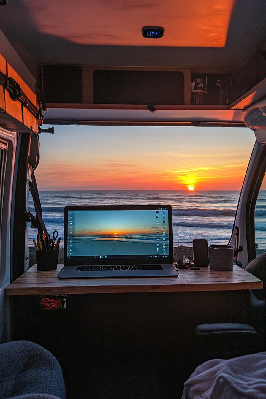 Oceanview van setup. Panoramic desk with salt-proof tech storage, sunset screen.
