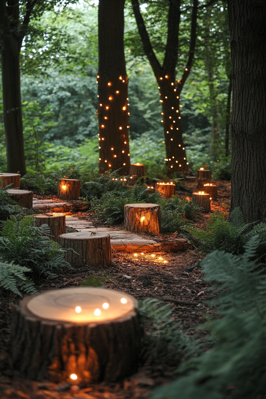 Woodland camping space. Oak log seating surrounded by fairy lights and wild ferns.