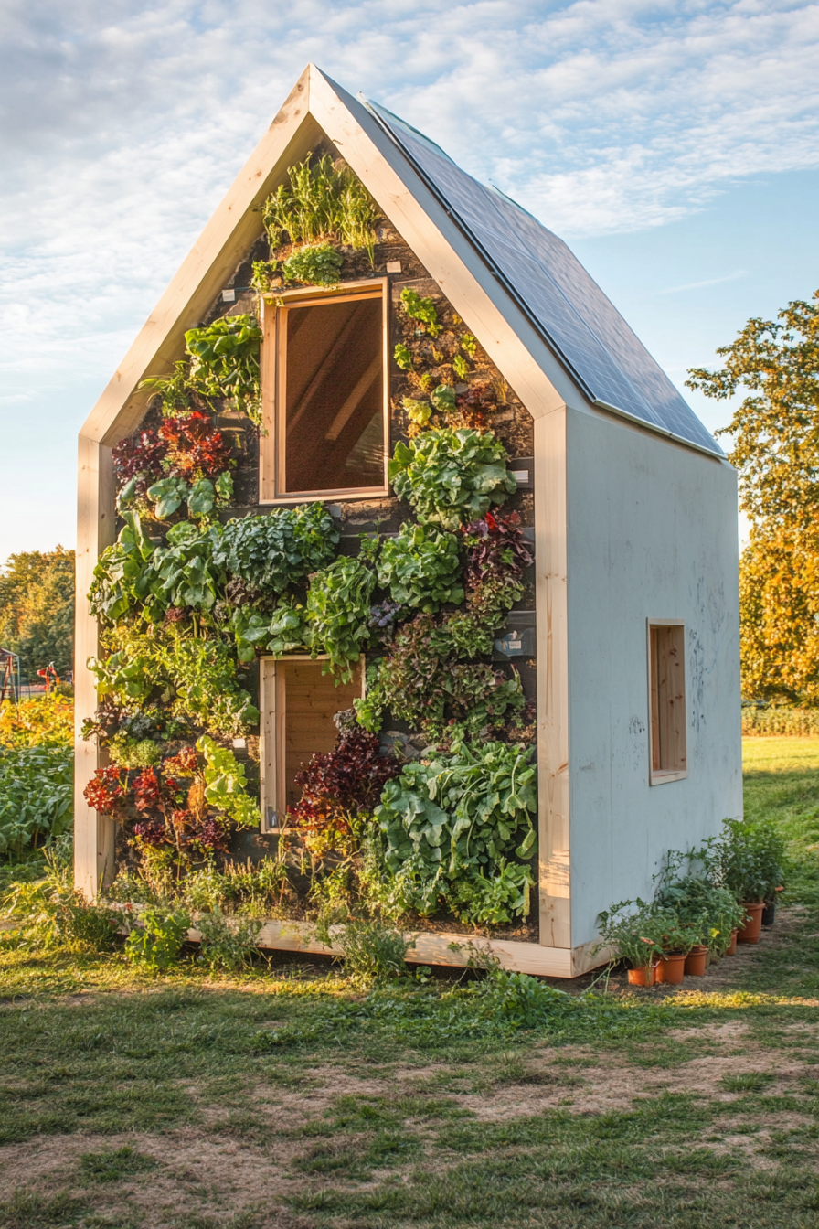 Sustainable living space. Solar-powered, minimalistic tiny house surrounded by vertical vegetable garden.