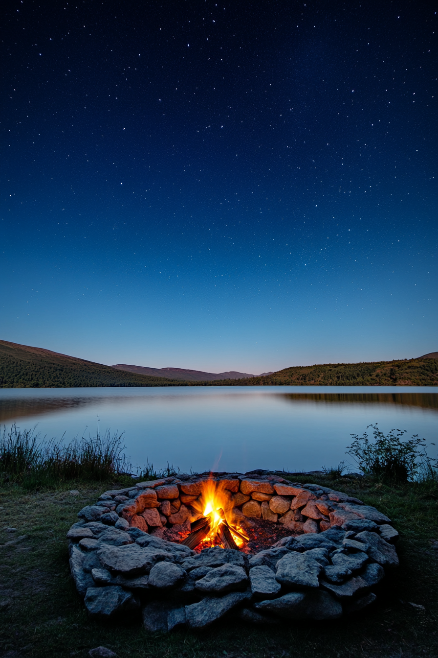 Alpine Lake Campsite. Stone-ringed fire pit under a starry night sky reflected on the lake.