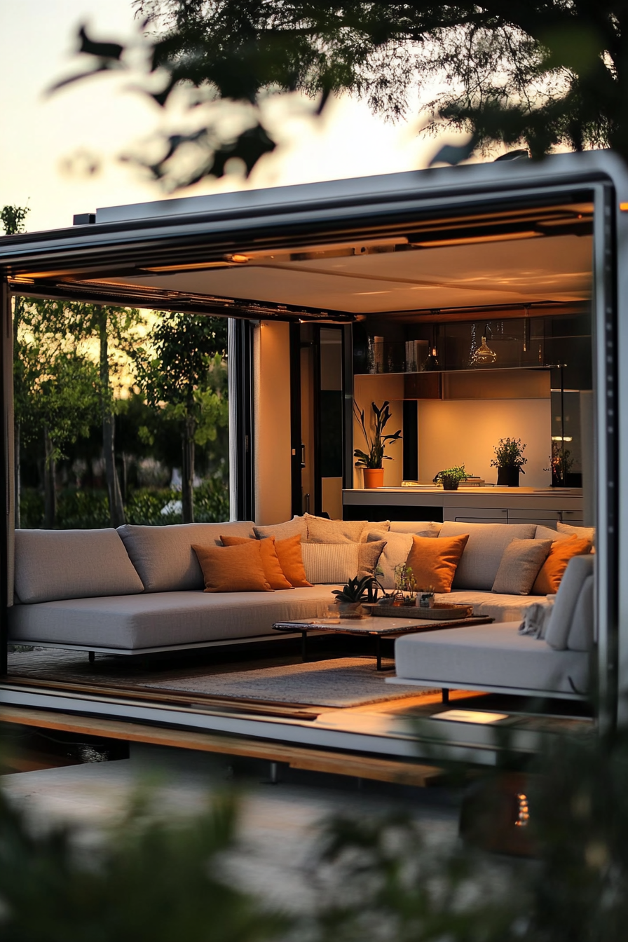 Mobile living space. Modular sofa arrangement, convertible sunset terrace, built-in office area.