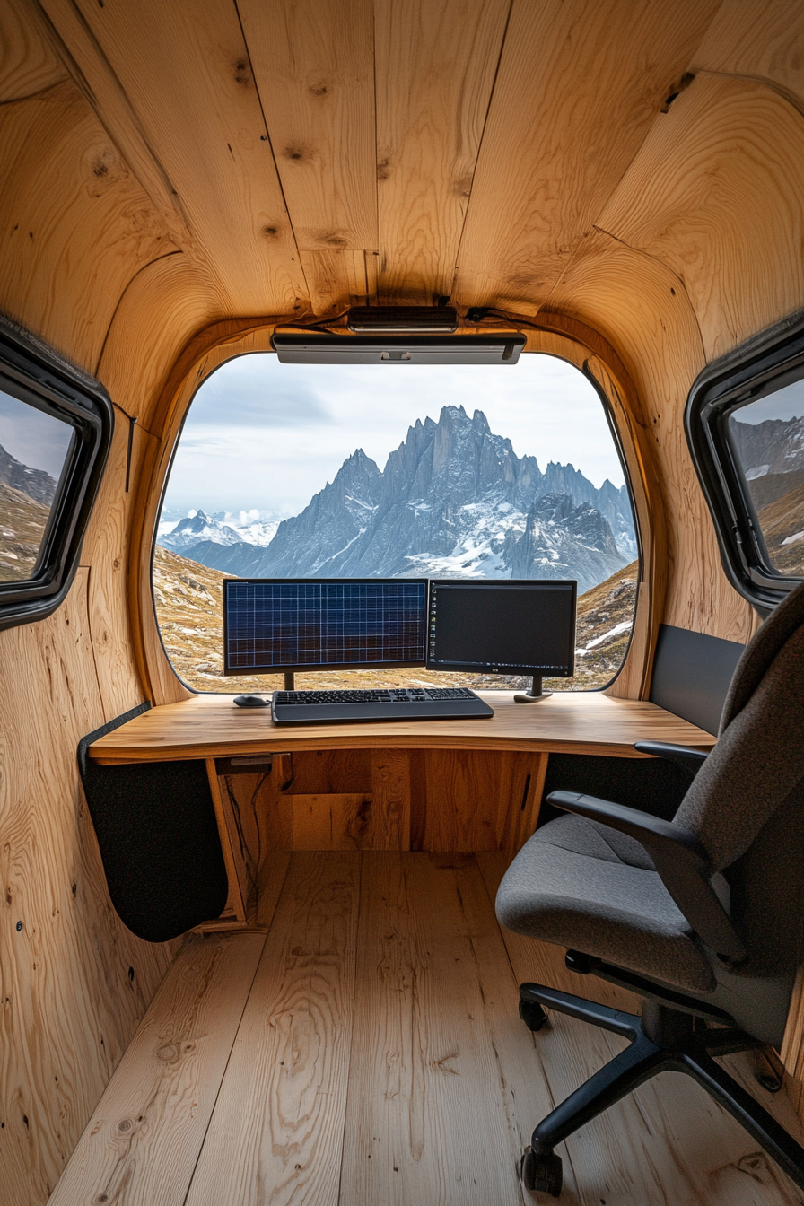 Alpine Mobile Office. Wooden interior, dual monitors, solar panels, window facing mountain peak.