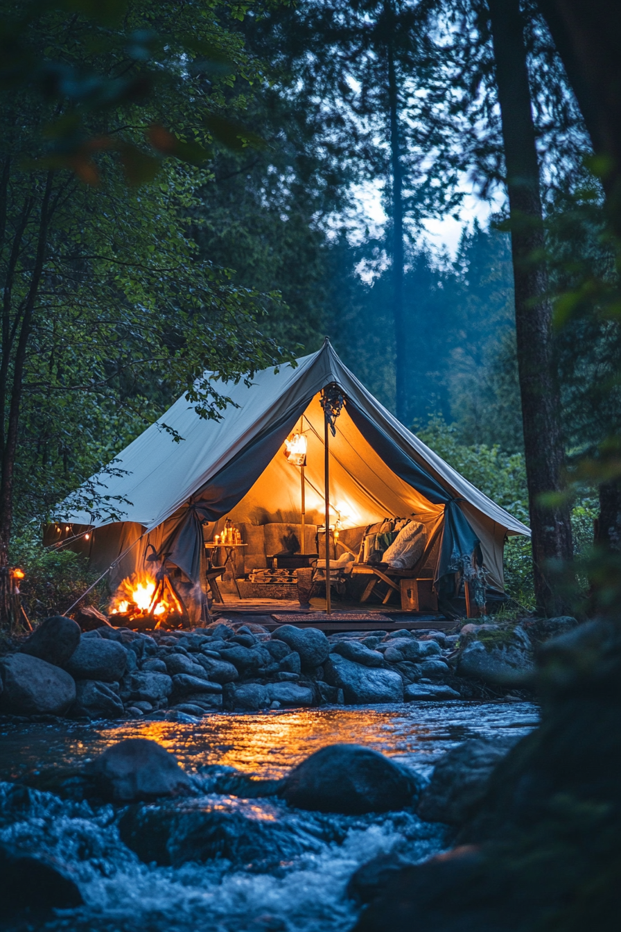 Riverside space. Blue canvas tent facing rushing water, night fire cascade view.