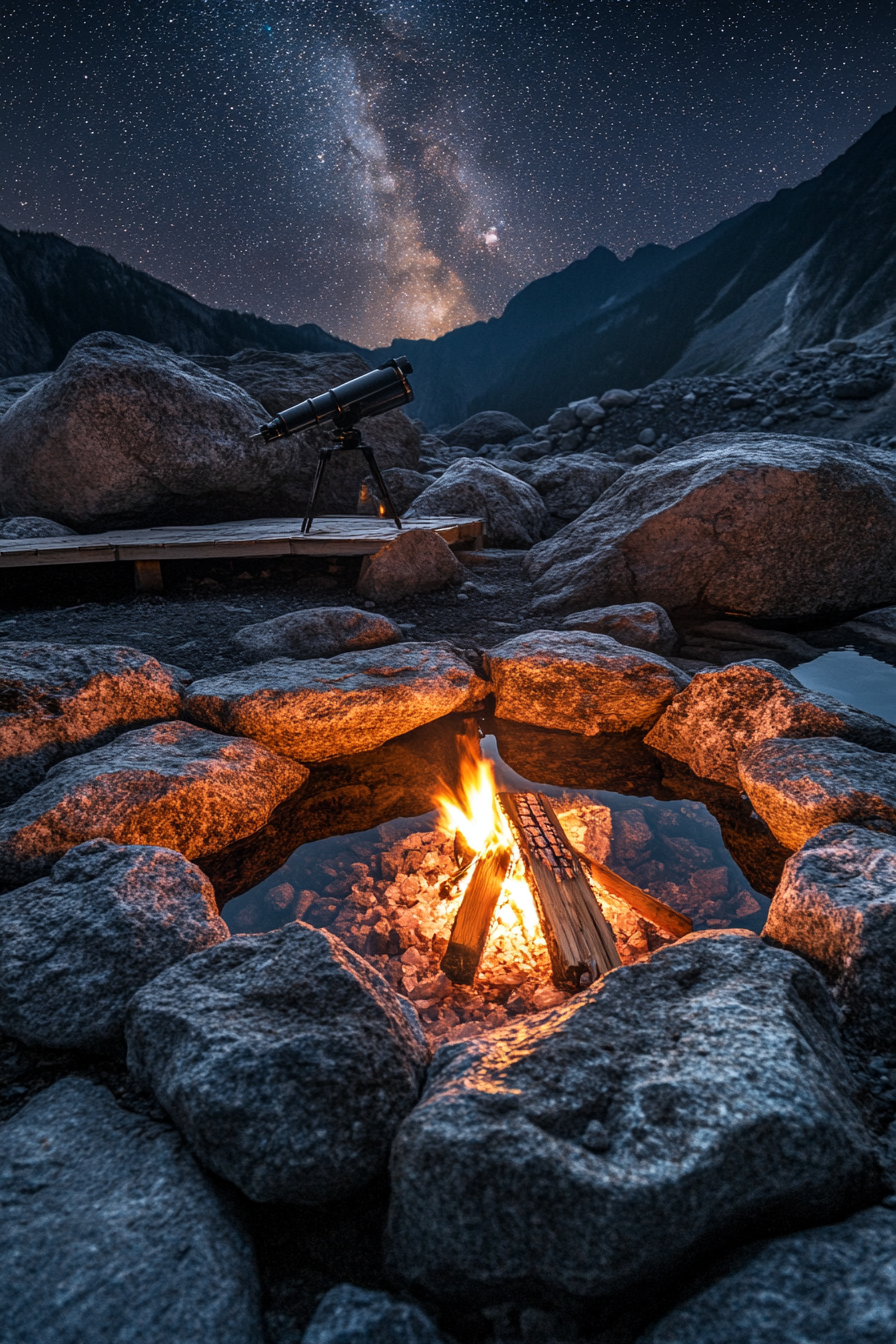 Alpine lake campsite. Glowing fire pit against stones, telescope platform under starry reflection.
