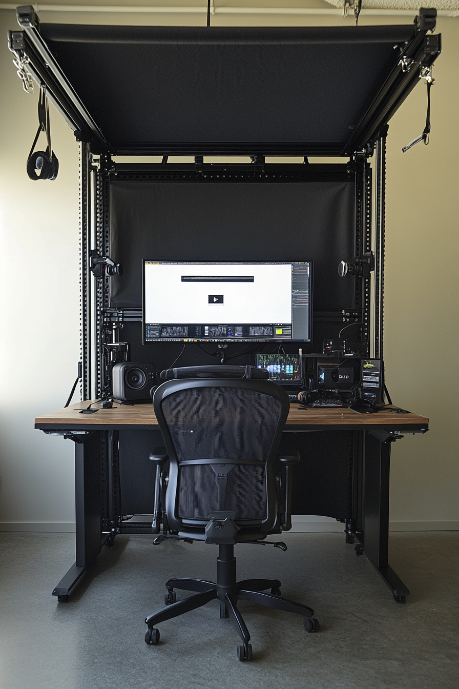 Creative mobile space. Compact editing desk with overhead gear rails and retractable photography backdrop.