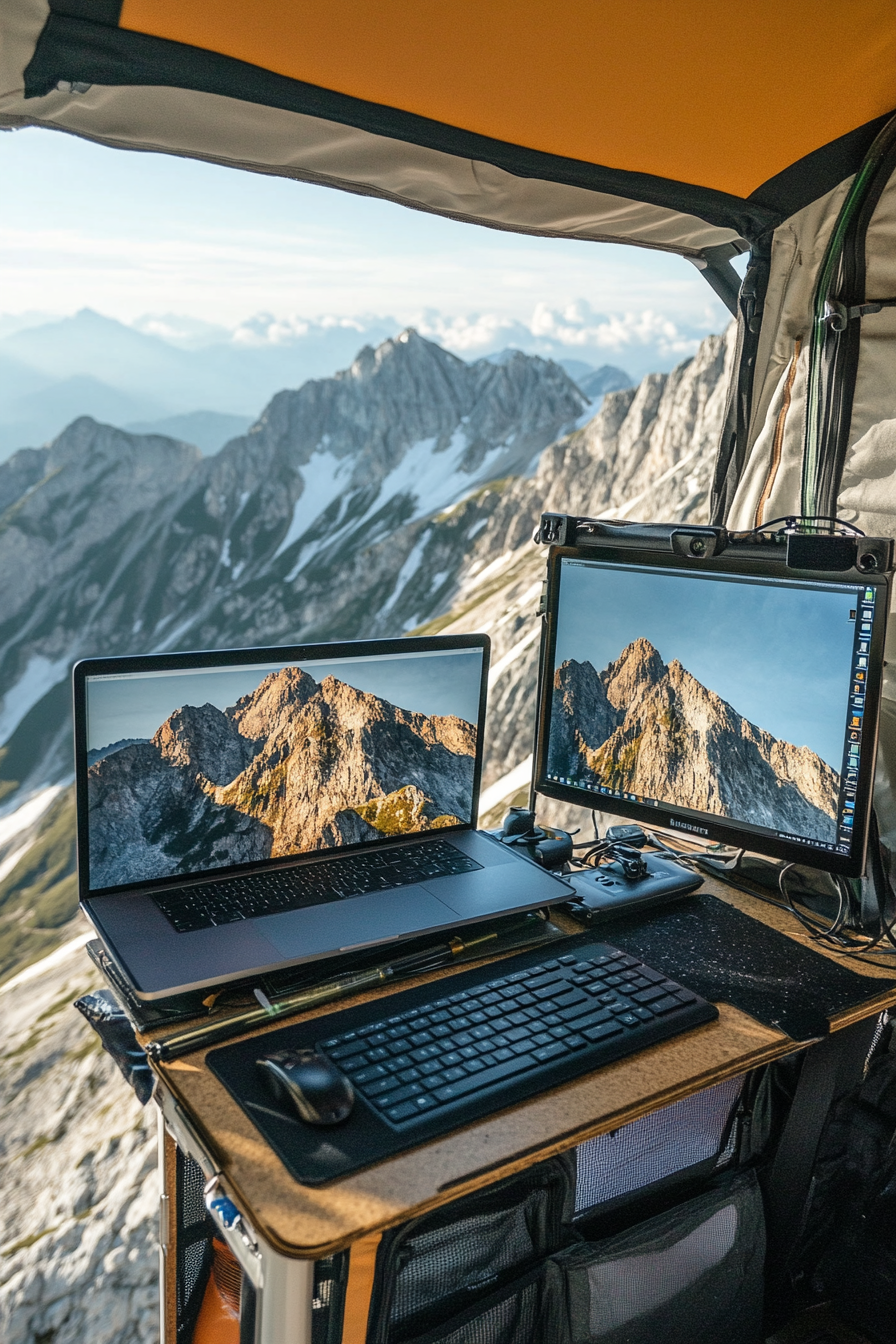Alpine mobile office. Solar-powered, dual monitors setup, overlooking mountain summit.