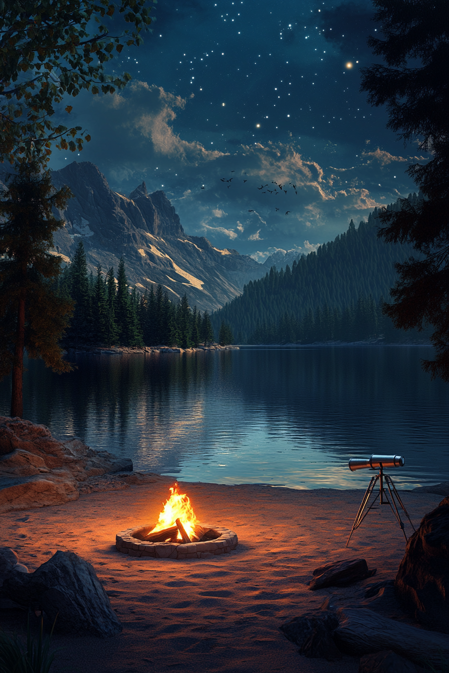 Alpine Lake Campsite image. Night, glowing fire pit, silver telescope by sandy beach, realistic water reflections.