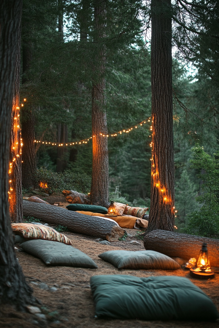Woodland Camping Space. Fairy-light wrapped giant sequoias and cushioned, mossy logs.