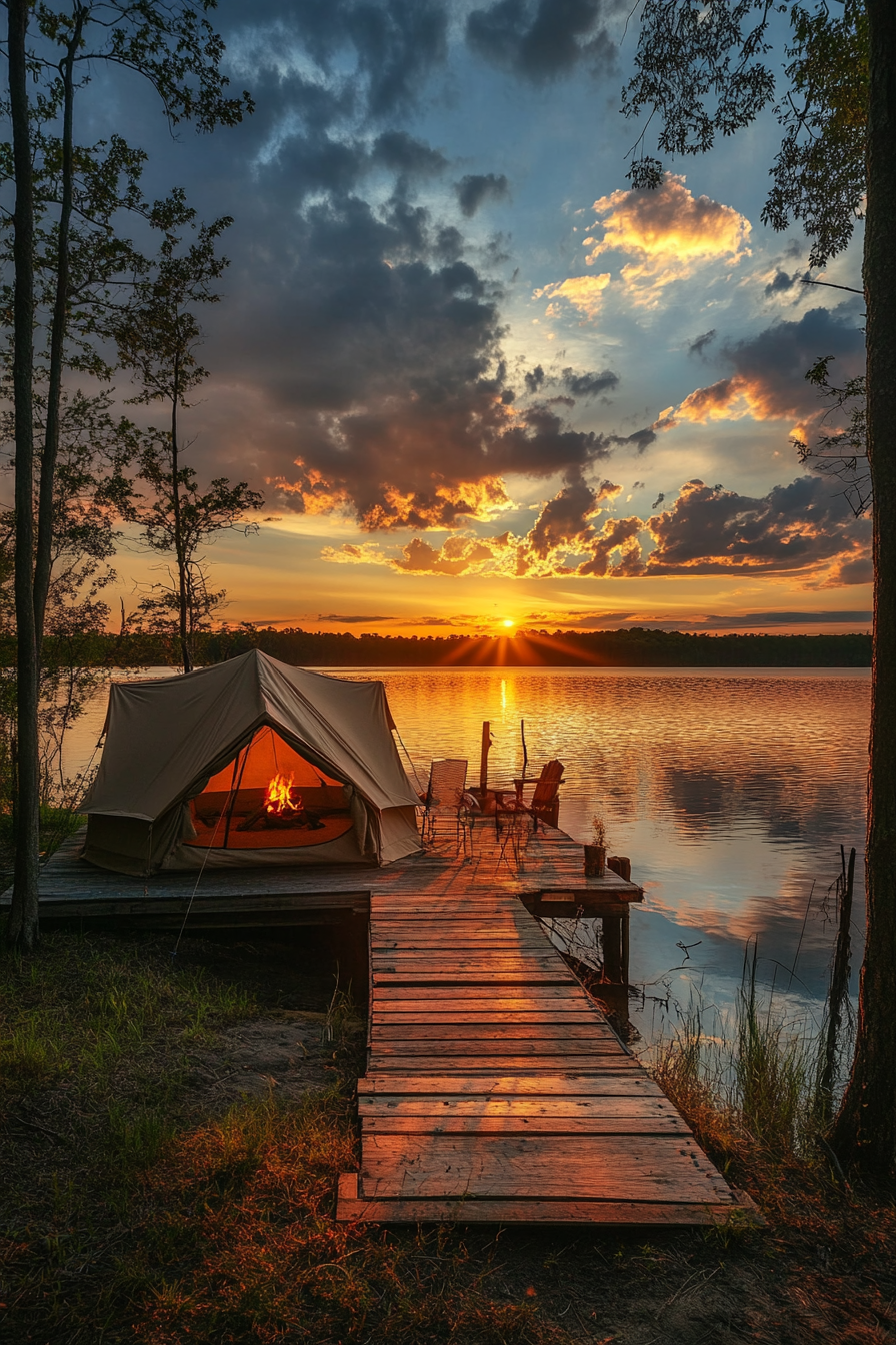 Tent site. Cotton tent foreground, panoramic water view, private wooden dock, glowing sunset, fire pit.