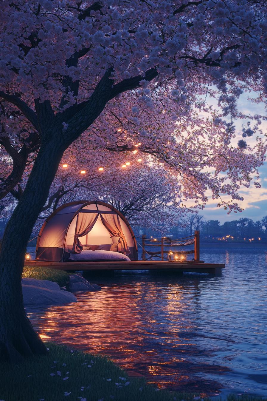 Riverside space. Tent platform overlooking slowly rippling water, under cherry blossom trees.