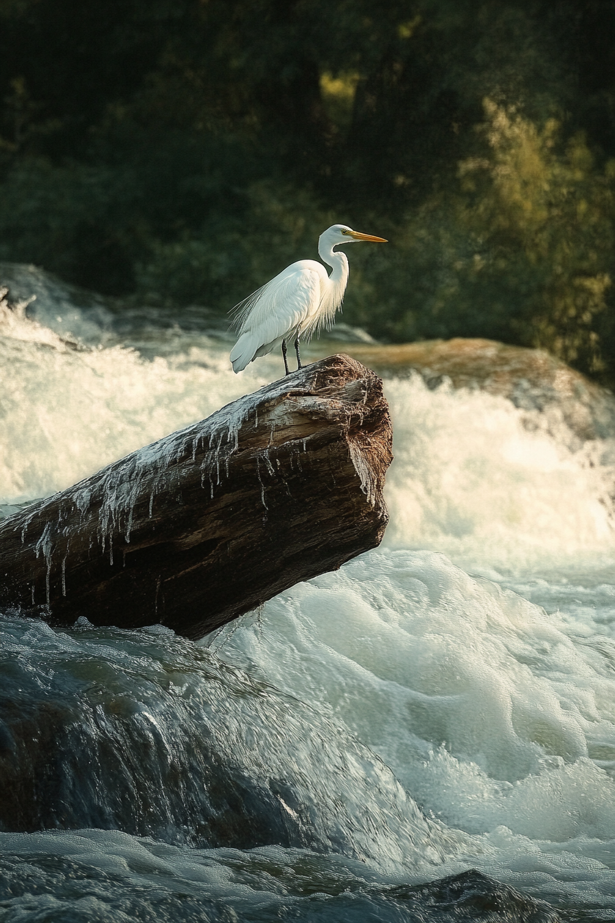 Riverside space. A lonely egret atop log in earshot of white water rapids.