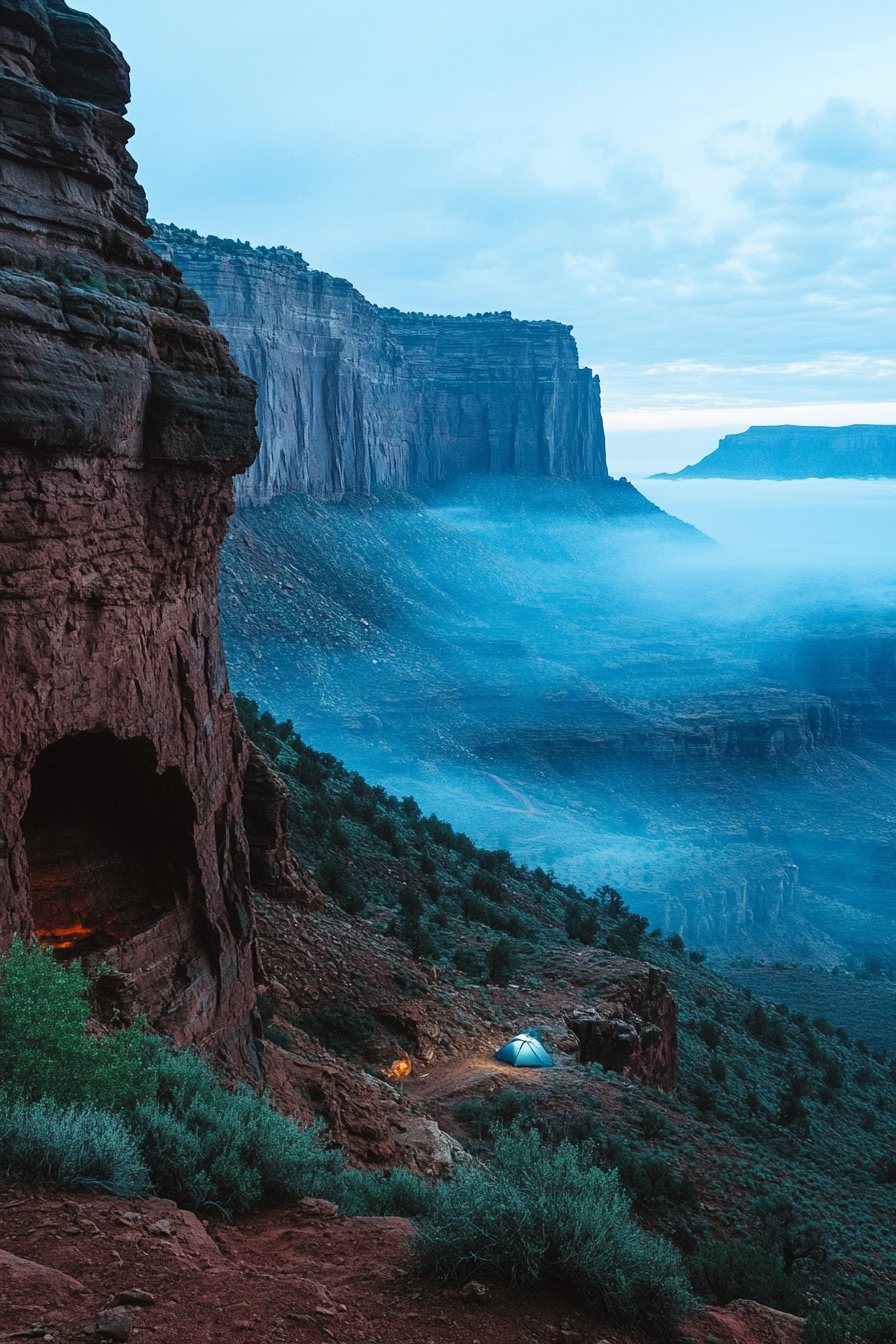 Red rock campsite. Fire zone on cliff edge, teal cave, valley with morning fog.
