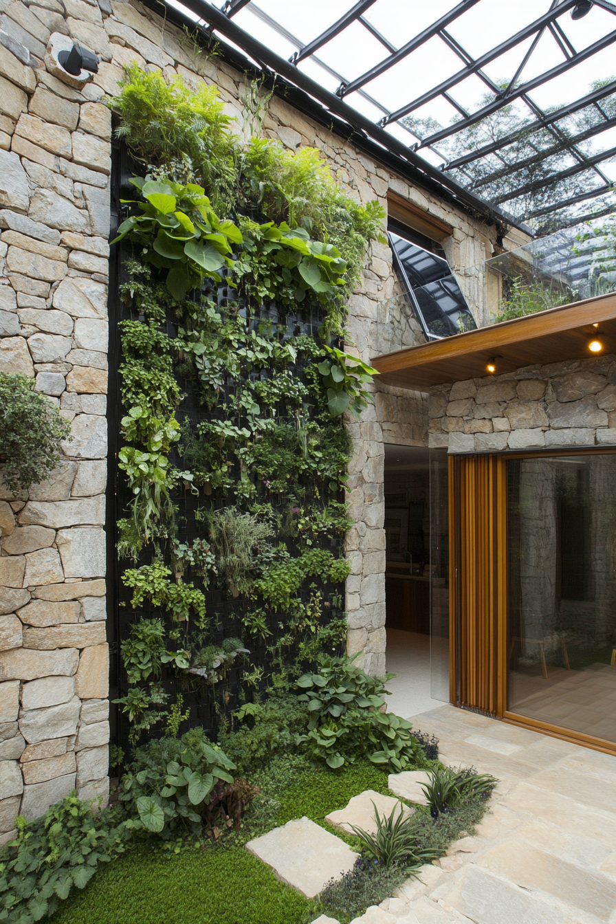 Sustainable living space. Stone wall, roof solar panels, indoor vertical garden.