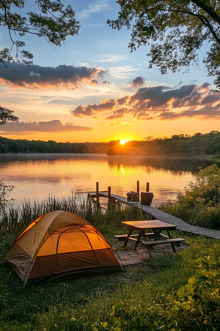 Tent site. Sunset fire setup with private dock by surrounding lake.