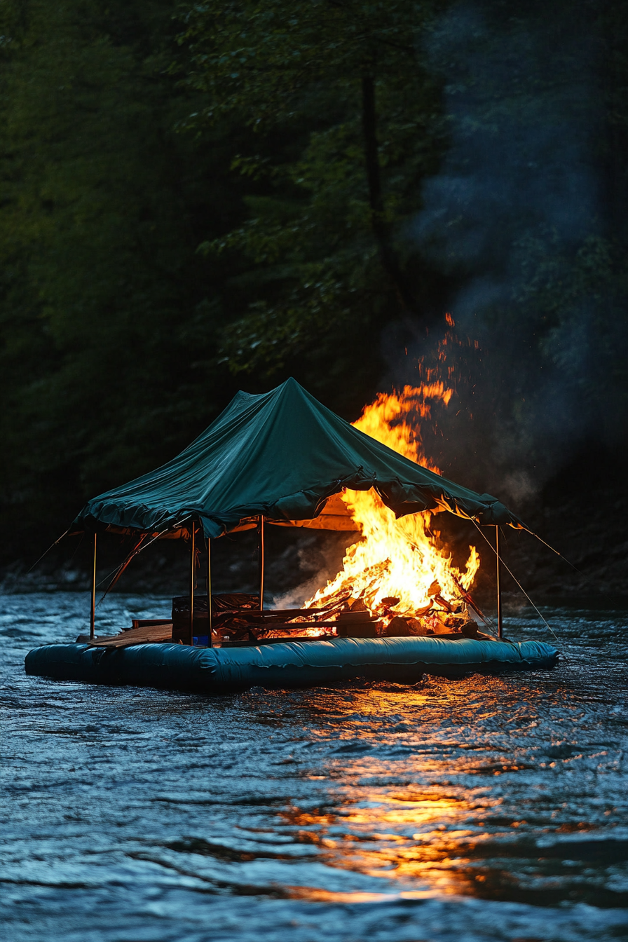 Riverside space. Floating turquoise tent platform, flaming, crackling bonfire, rushing whitewater sounds.
