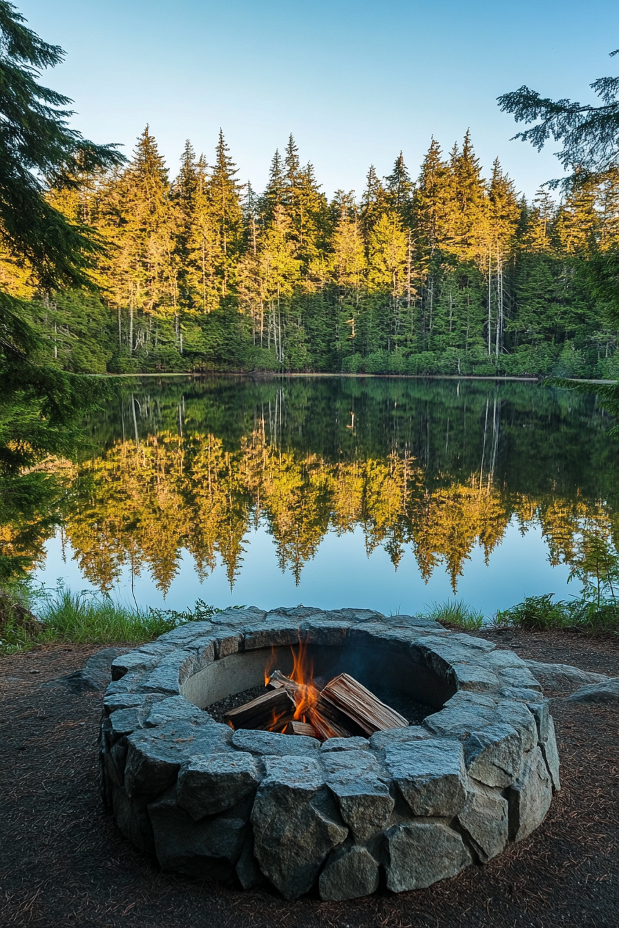 Alpine Lake Campsite. Stone-ringed fire pit near calm water reflecting tall pine trees.