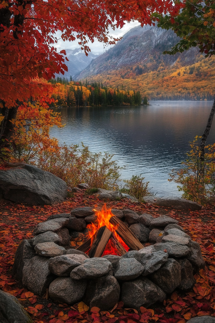 Alpine Lake Campsite. Stone-ringed fire pit amidst vibrant autumn foliage.