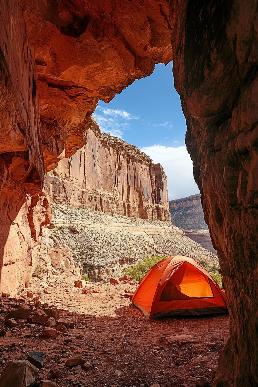 Campsite. Red rocks, elevated up zone, cave shelter, valley view.